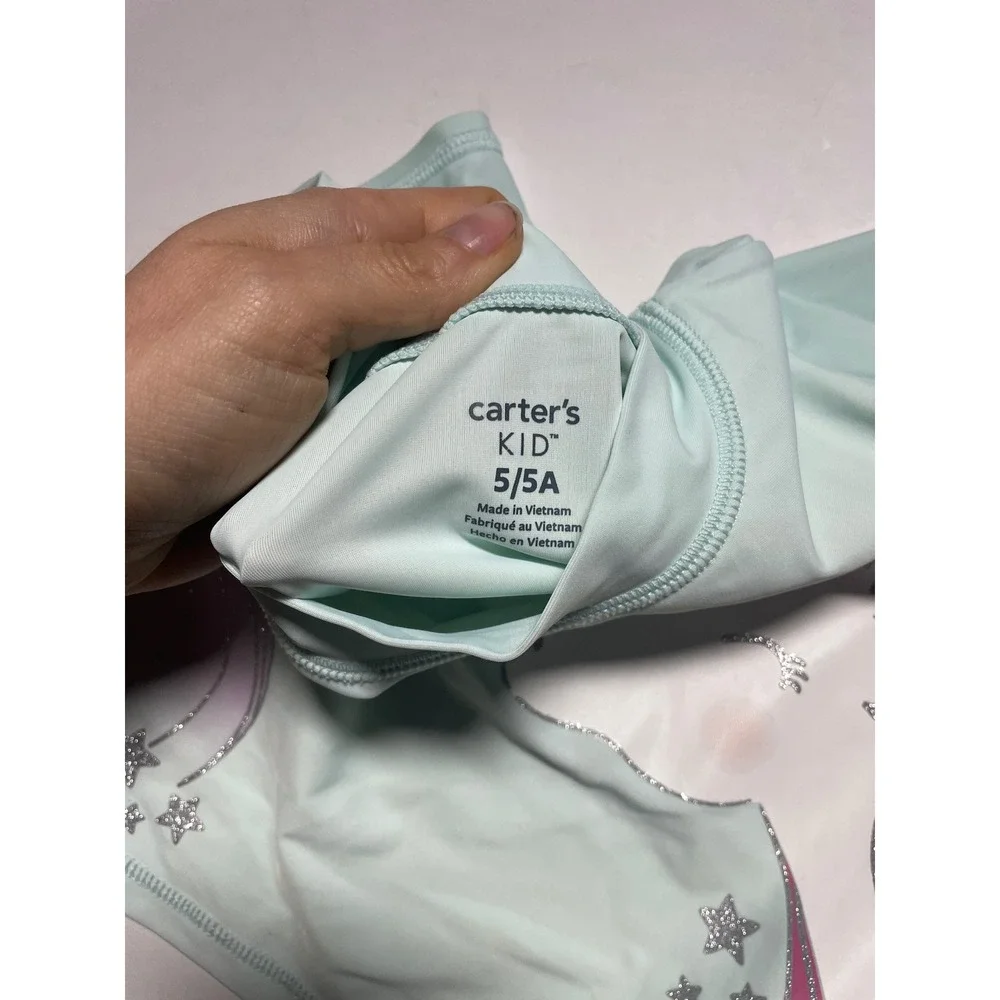 Carter's‎ Rash Guard Kids 5 Mint Green Unicorn Glitter Swim Shirt Beach Sun Wear